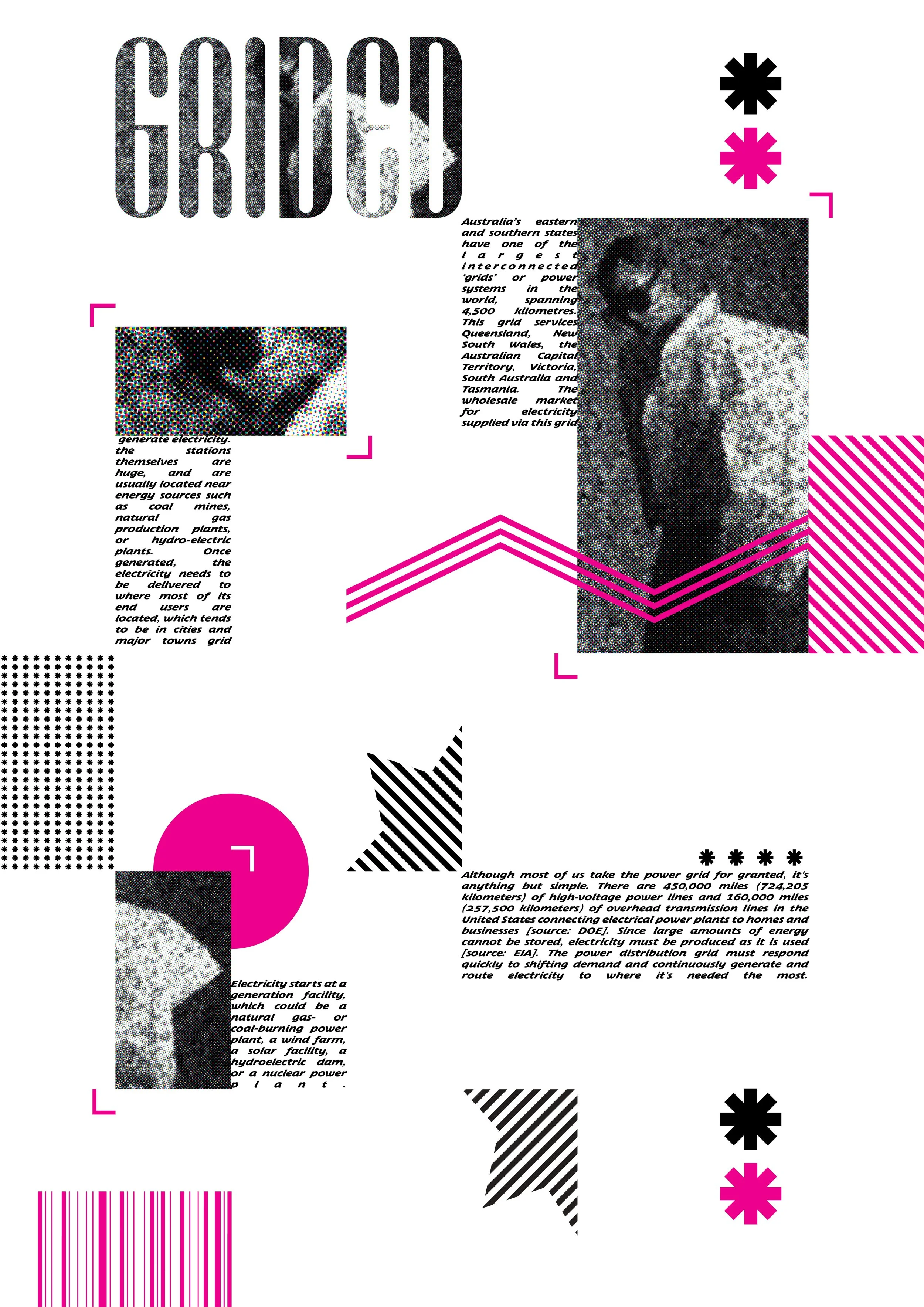 A collage-style graphic with black, white, and pink elements. It includes a pixelated black-and-white photograph of a woman, geometric shapes, and blocks of text about Australia's power grid and electricity.