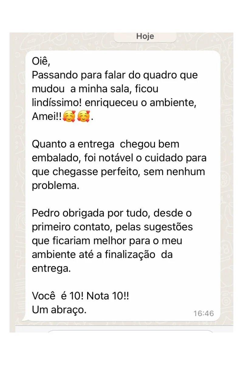 Cliente fala que o quadro mudou a sala, ficou lindíssimo, enriqueceu o ambiente. Diz que a entrega chegou bem embalada e que houve cuidado. Agradece pelas sugestões e atendimento do início ao fim. Diz Você é 10, nota 10. Depoimento sobre entrega e co