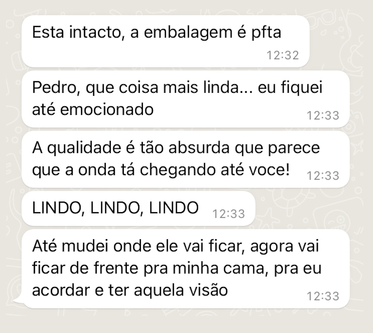 Feedback de cliente relatando emoção, qualidade de impressão e impacto visual de um quadro fine art de praia de Pedro Ferr