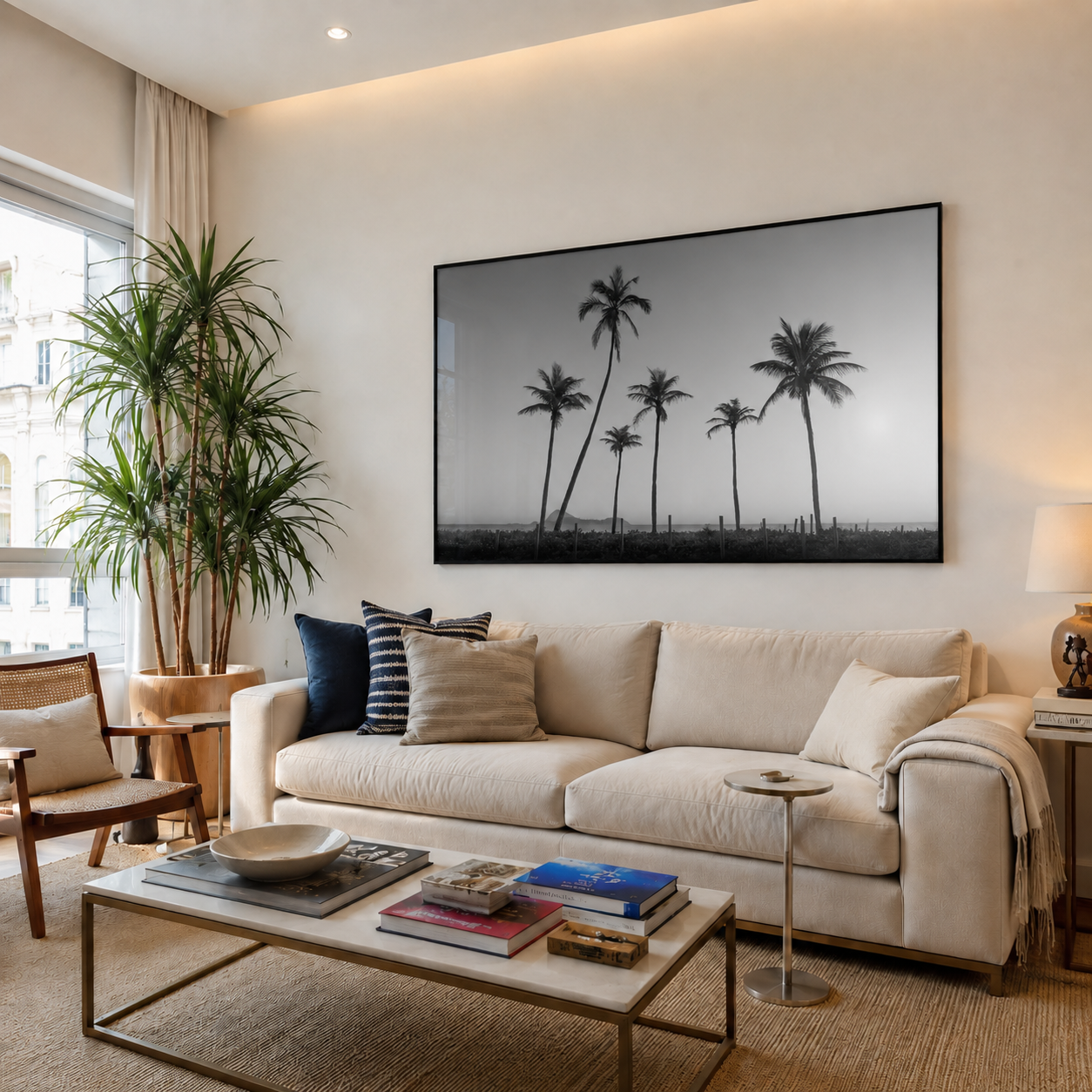 Quadro fotográfico em preto e branco de coqueiros do Leblon em sala de estar com sofá bege, Rio de Janeiro - fotografia autoral fine art Pedro Ferr