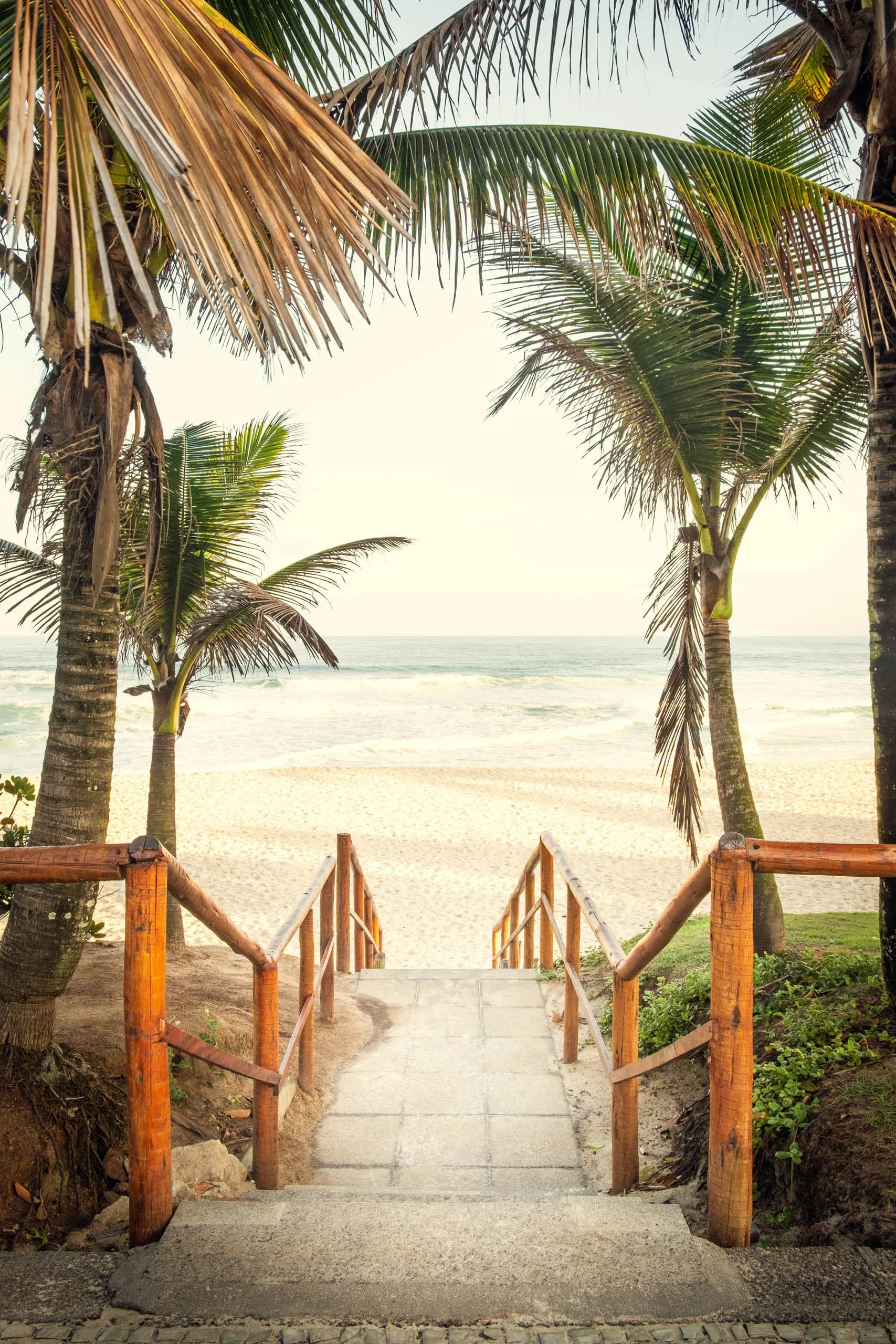 Passarela de madeira descendo para a areia clara em uma praia do Rio de Janeiro, emoldurada por coqueiros e luz suave, ideal para projetos de interiores que buscam clima tropical, linhas limpas e sensação de refúgio natural para salas, quartos e área