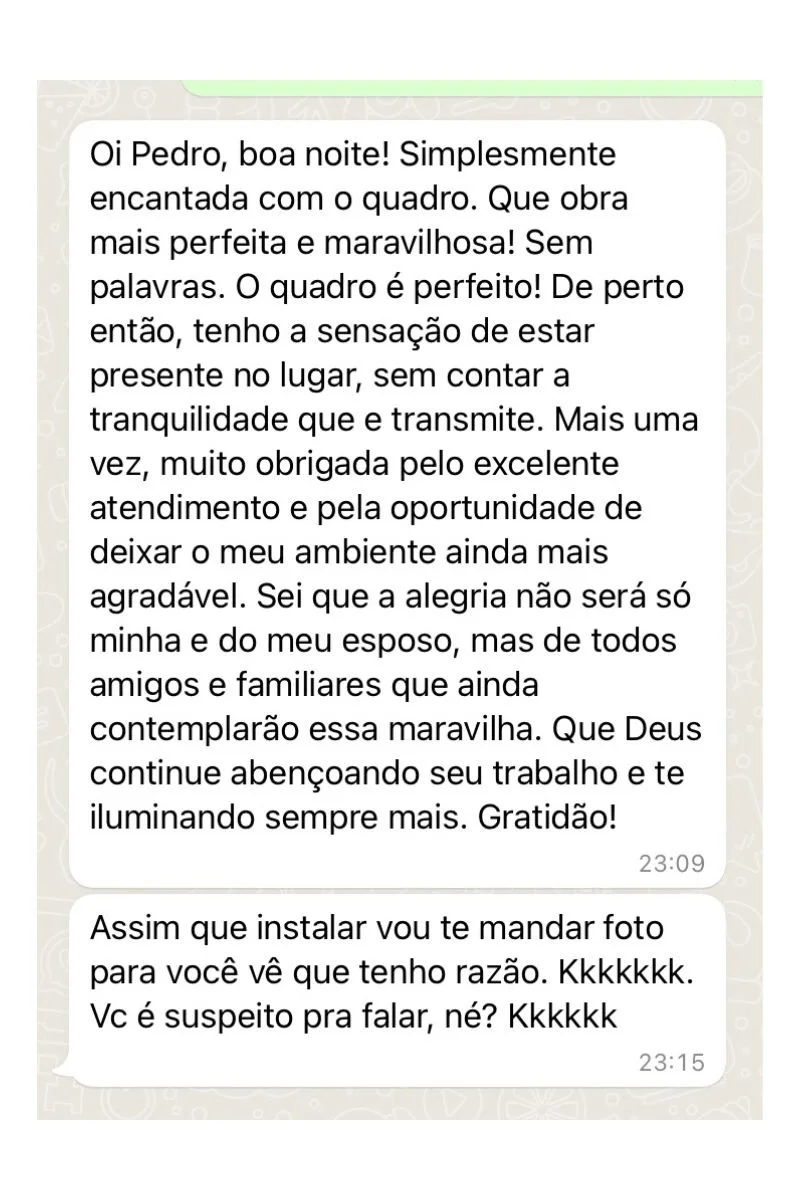 Cliente diz que está encantada com o quadro, obra perfeita e maravilhosa, sensação de estar presente no lugar, transmite tranquilidade. Agradece pelo atendimento e pela oportunidade de deixar o ambiente melhor. Diz que amigos e familiares vão contemp