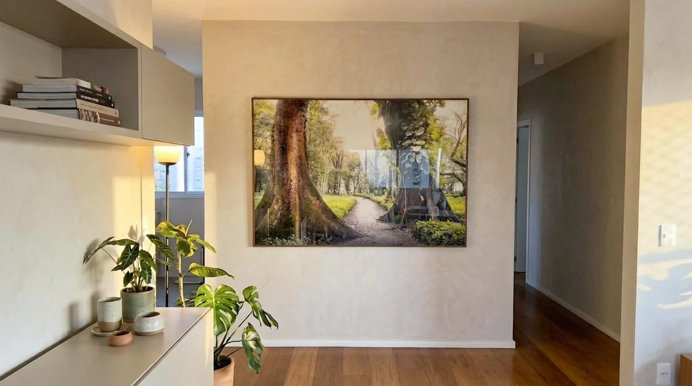 Ambiente residencial com piso de madeira clara e plantas ao lado de um quadro de floresta com caminho iluminado por luz suave. Fotografia de Pedro Ferr usada em projetos de interiores focados em natureza, atmosfera calma e composição equilibrada.
