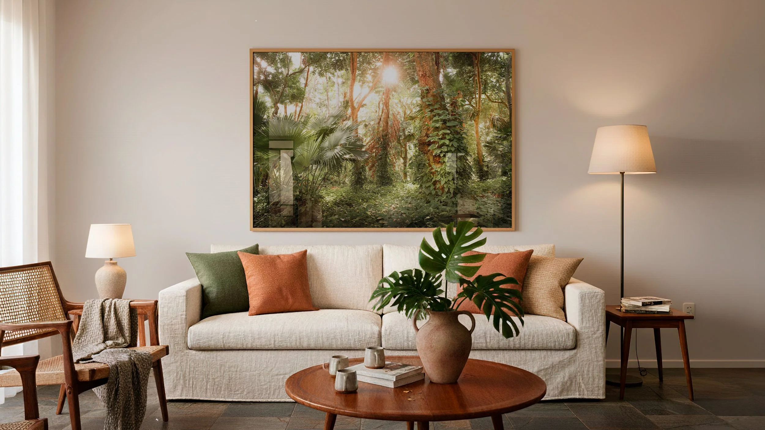 Sala de estar decorada com sofá branco, almofadas verdes, laranja e bege, mesa de centro de madeira com vaso de planta grande de folhas verdes, duas luminárias de pé e de mesa, quadro de floresta na parede, e uma cadeira de madeira com tecido de tear e uma manta cinza na frente da janela com cortinas brancas.