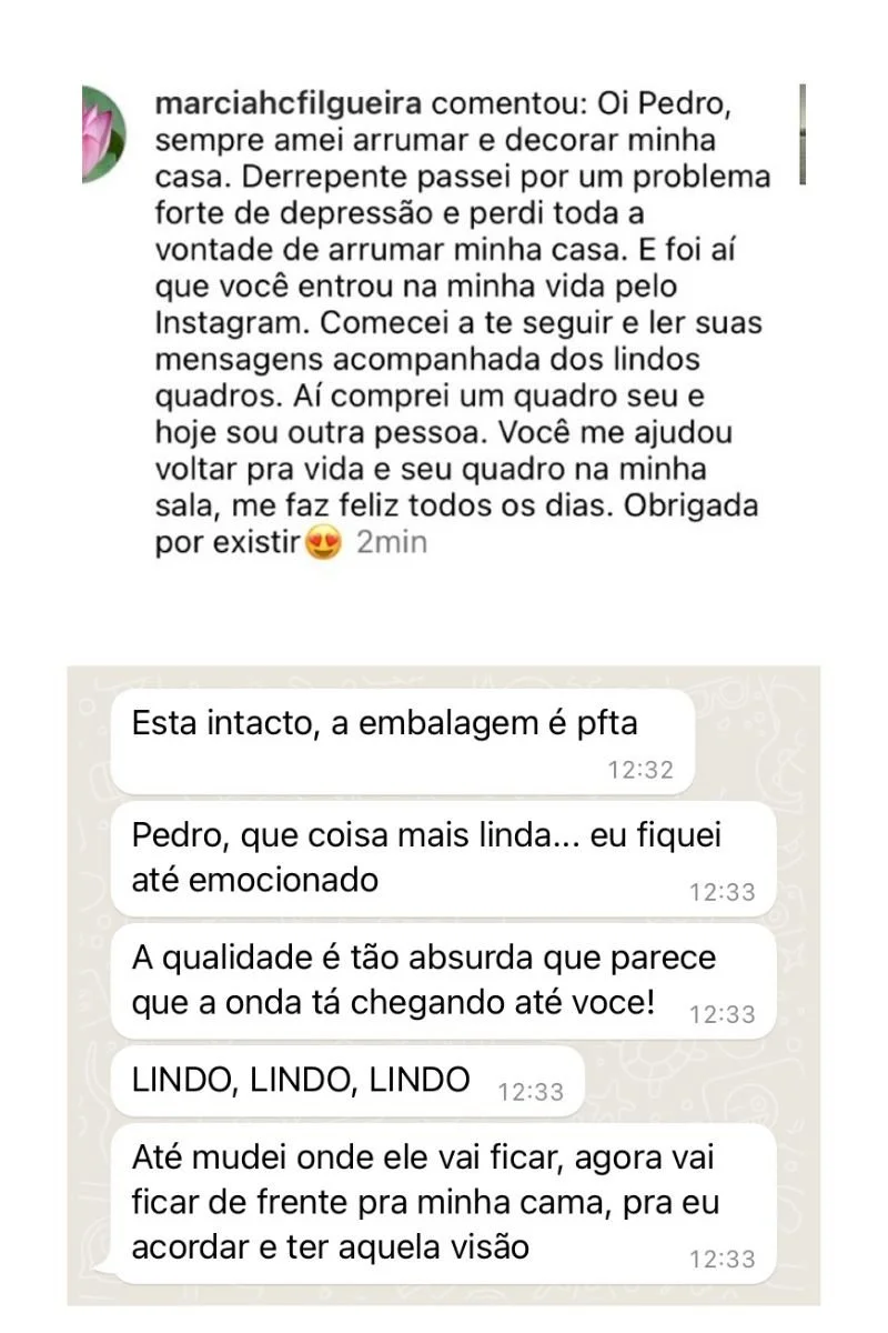 Comentário de Instagram dizendo que a decoração estava parada por depressão e que as fotos ajudaram a voltar a cuidar da casa. Depois mensagens onde o cliente diz que a embalagem estava perfeita, que ficou emocionado, qualidade absurda, obra linda, m