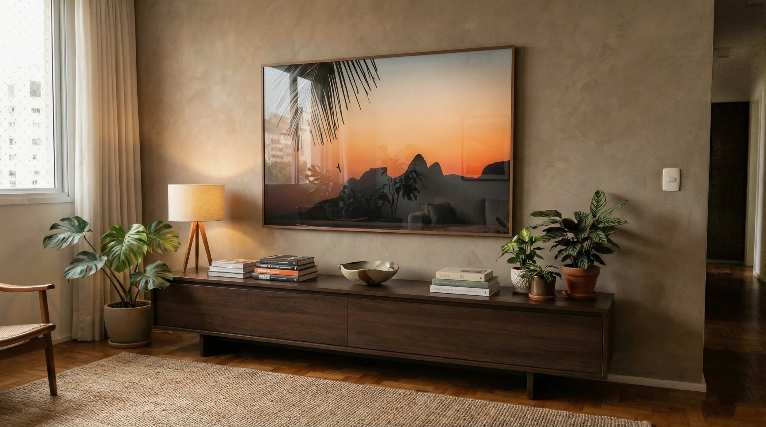 Sala de estar com aparador de madeira escura e plantas ao lado de um quadro de pôr do sol no Rio de Janeiro. Montanhas em silhouette e céu laranja no horizonte. Fotografia de Pedro Ferr usada como quadro para projetos de interiores que buscam luz que