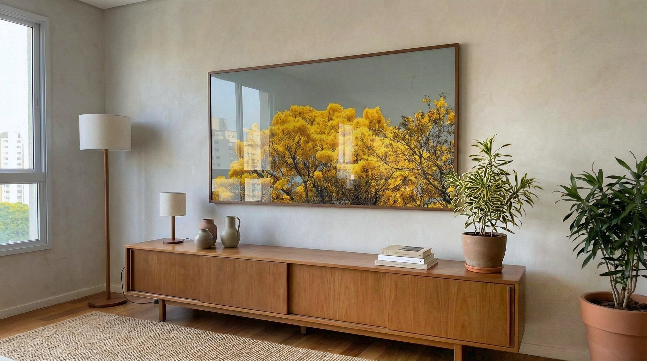 Sala de estar com aparador de madeira clara, plantas e luminária ao lado de um quadro grande com copa de ipê amarelo em flor. Céu suave ao fundo e composição ampla ideal para interiores que buscam cor quente e natureza em destaque.