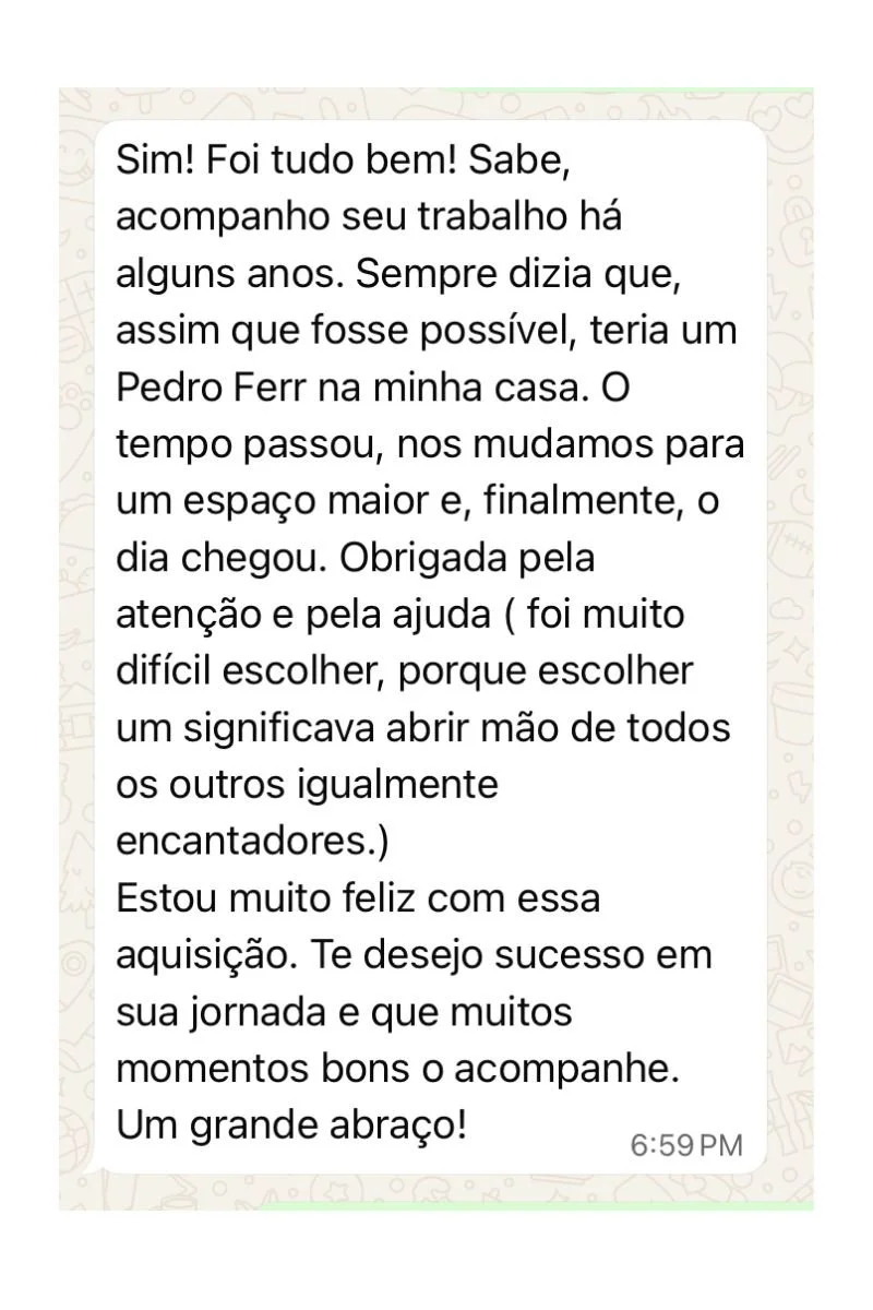 Mensagem de cliente dizendo: Sim, foi tudo bem, acompanho seu trabalho há alguns anos, sempre quis ter um Pedro Ferr na minha casa, obrigada pela ajuda, estou muito feliz com a aquisição, te desejo sucesso, um grande abraço. Depoimento sobre compra d