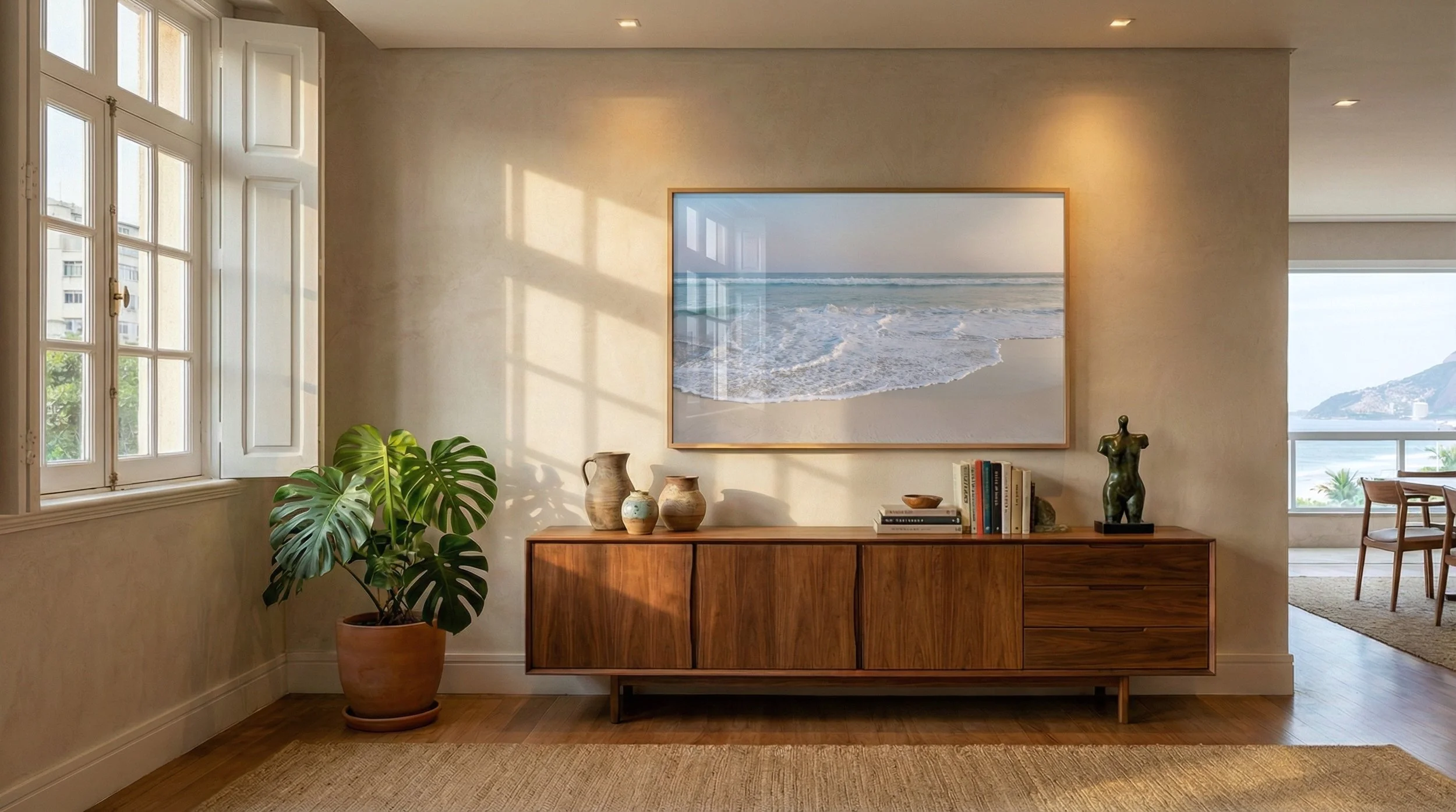 Fotografia de uma onda suave na praia do Rio de Janeiro emoldurada acima de um aparador de madeira em uma sala de estar. A imagem mostra luz natural, horizonte limpo e composição adequada para decoração. Ideal para quem busca quadros de praia em impr