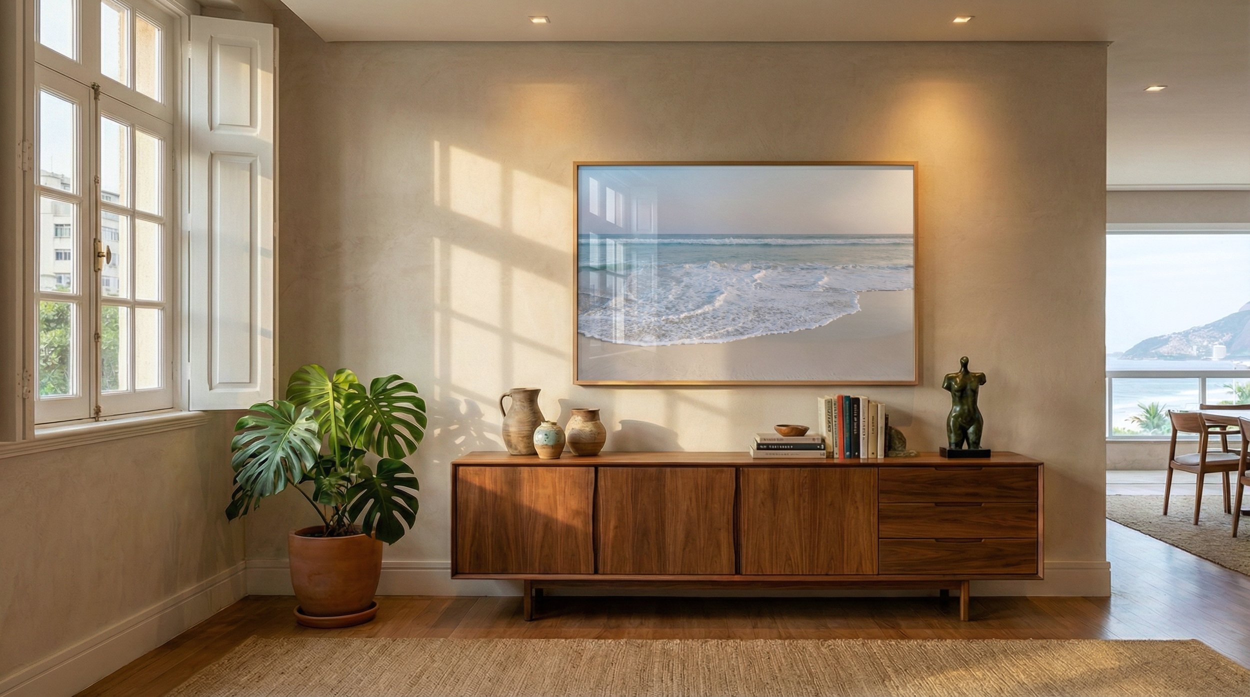 Fotografia de uma onda suave na praia do Rio de Janeiro emoldurada acima de um aparador de madeira em uma sala de estar. A imagem mostra luz natural, horizonte limpo e composição adequada para decoração. Ideal para quem busca quadros de praia em impr