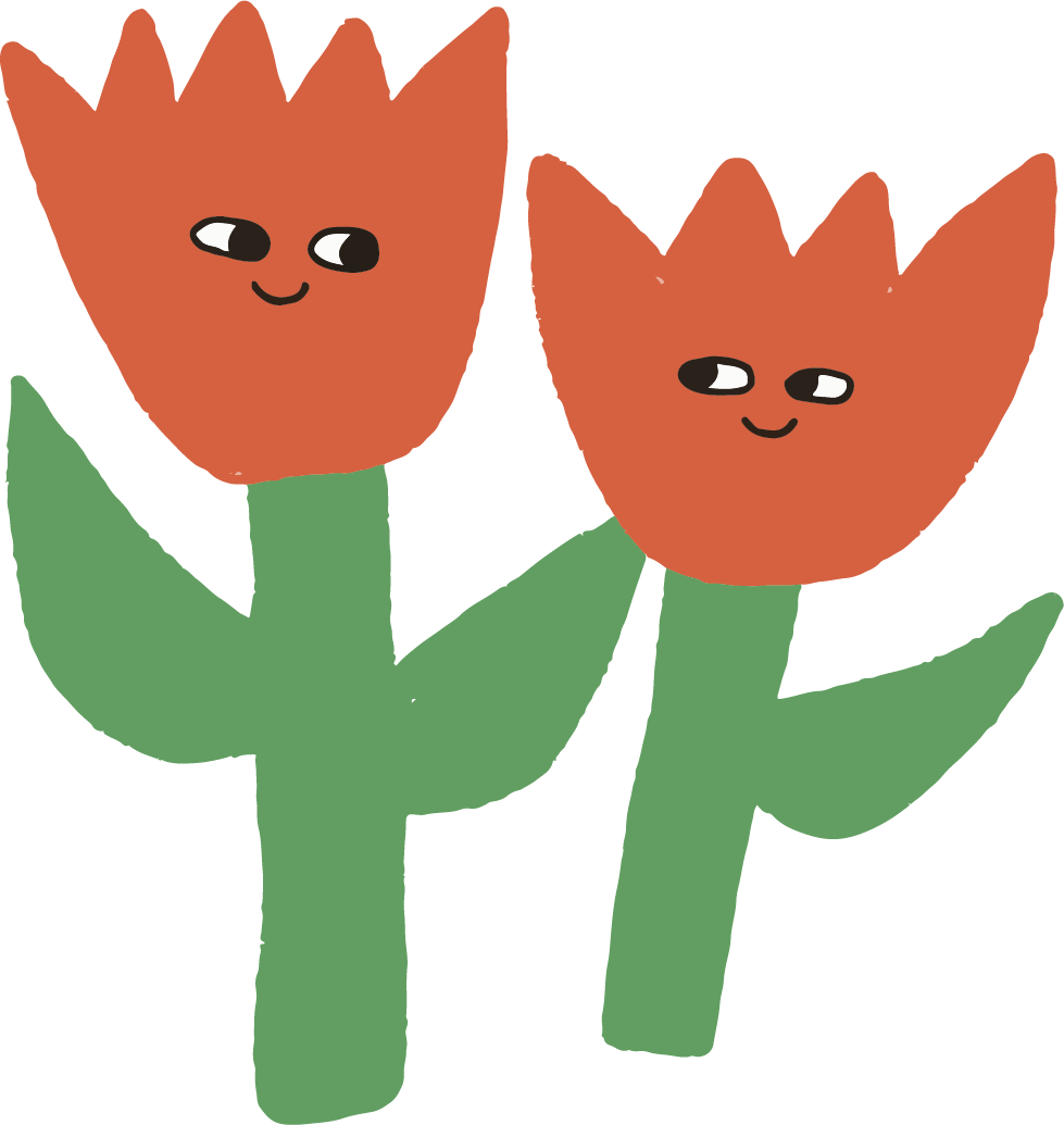 Two cartoon-like tulip flowers with faces and green stems and leaves.