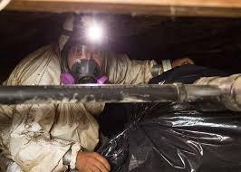 Person wearing protective gear and a gas mask, crouching in a dark, confined space with wooden beams and black plastic sheeting.