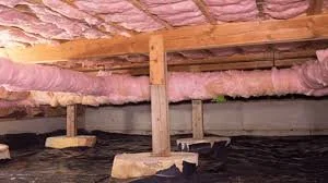 Insulation and support beams in an unfinished building's crawl space.