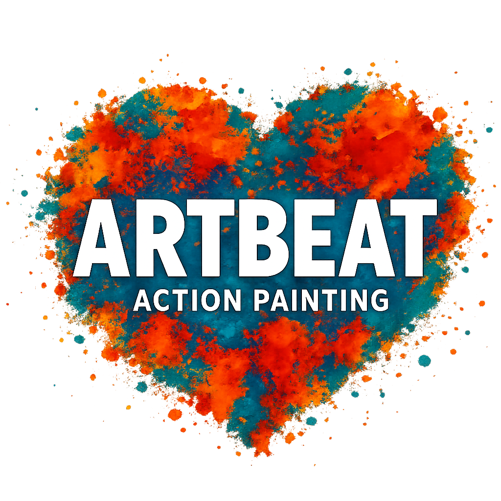 Der Titel 'ART BEAT ACTION PAINTING' in Weiß vor einem bunten, explosionartigen Farbklecks in Blau, Orange und Rot.