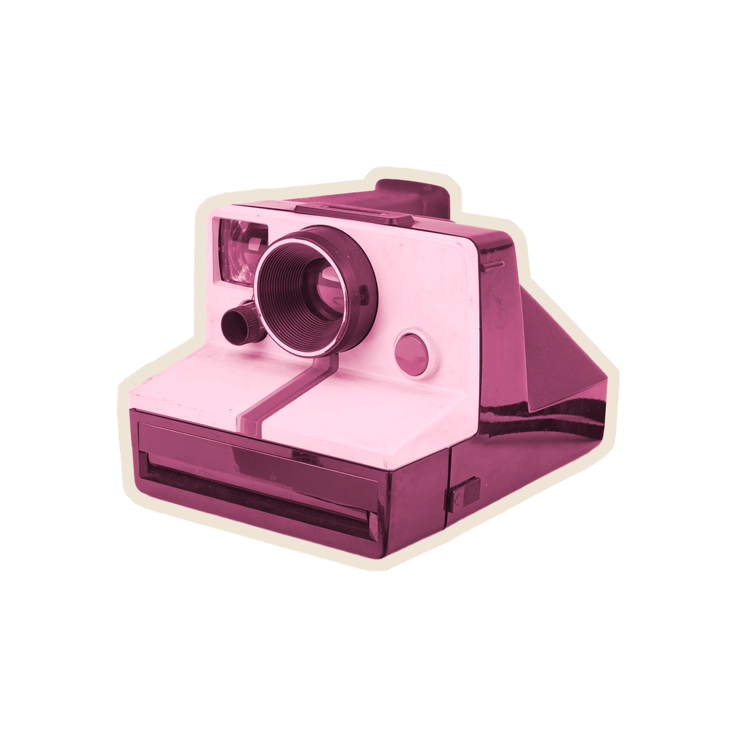 A vintage polaroid camera with pink and white coloring, featuring a large lens, a circular viewing window, and a printing slot at the base.