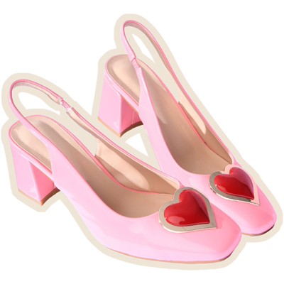 Pink high-heeled shoes with heart-shaped embellishments on toes.