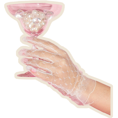 A hand wearing a clear net glove holding a pink glass bowl filled with white pearls.