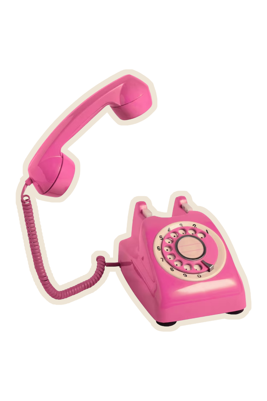 A pink rotary phone with a coiled cord and the phone off the hook.