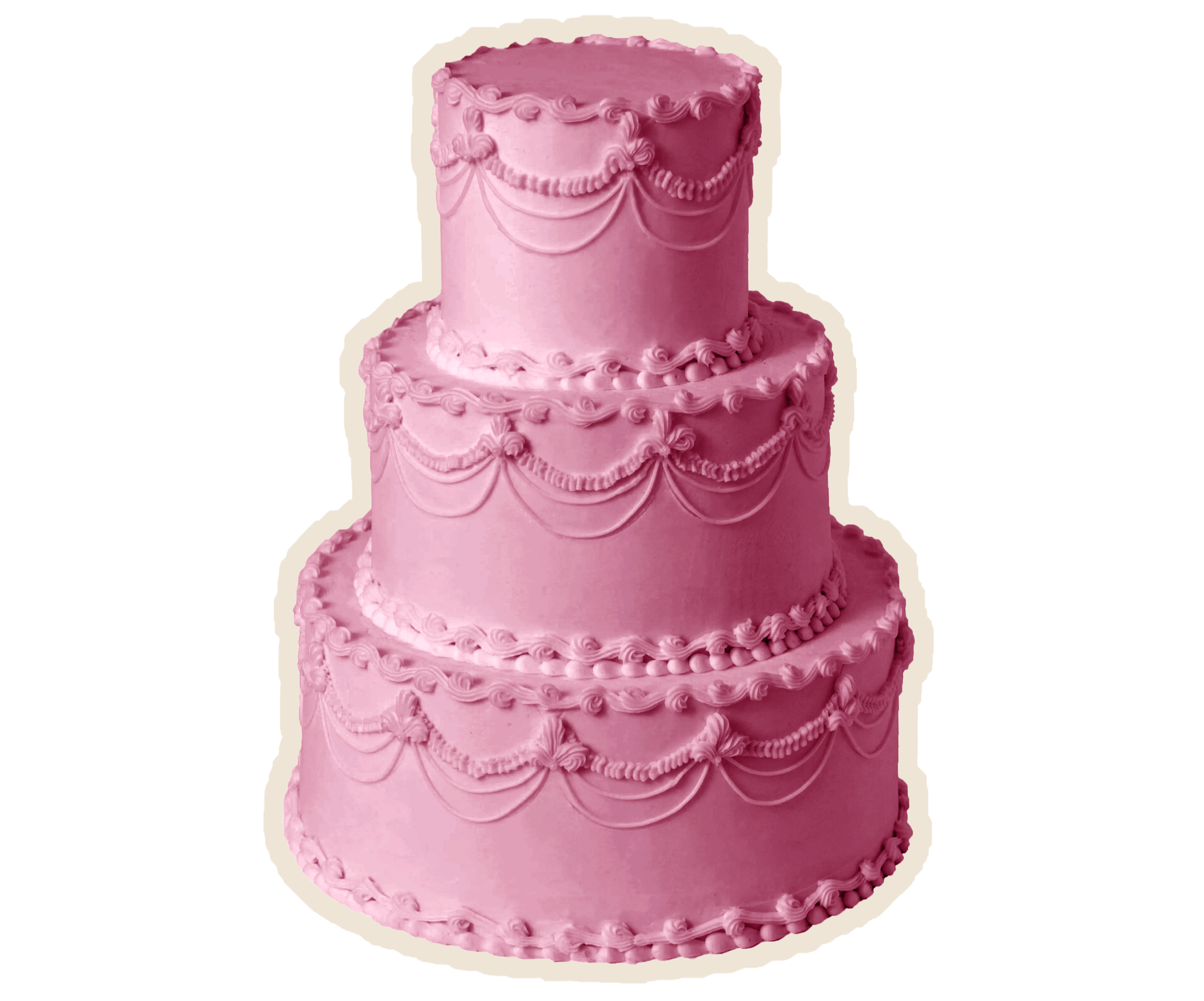 Three-tiered pink wedding cake with decorative piping and swag designs.