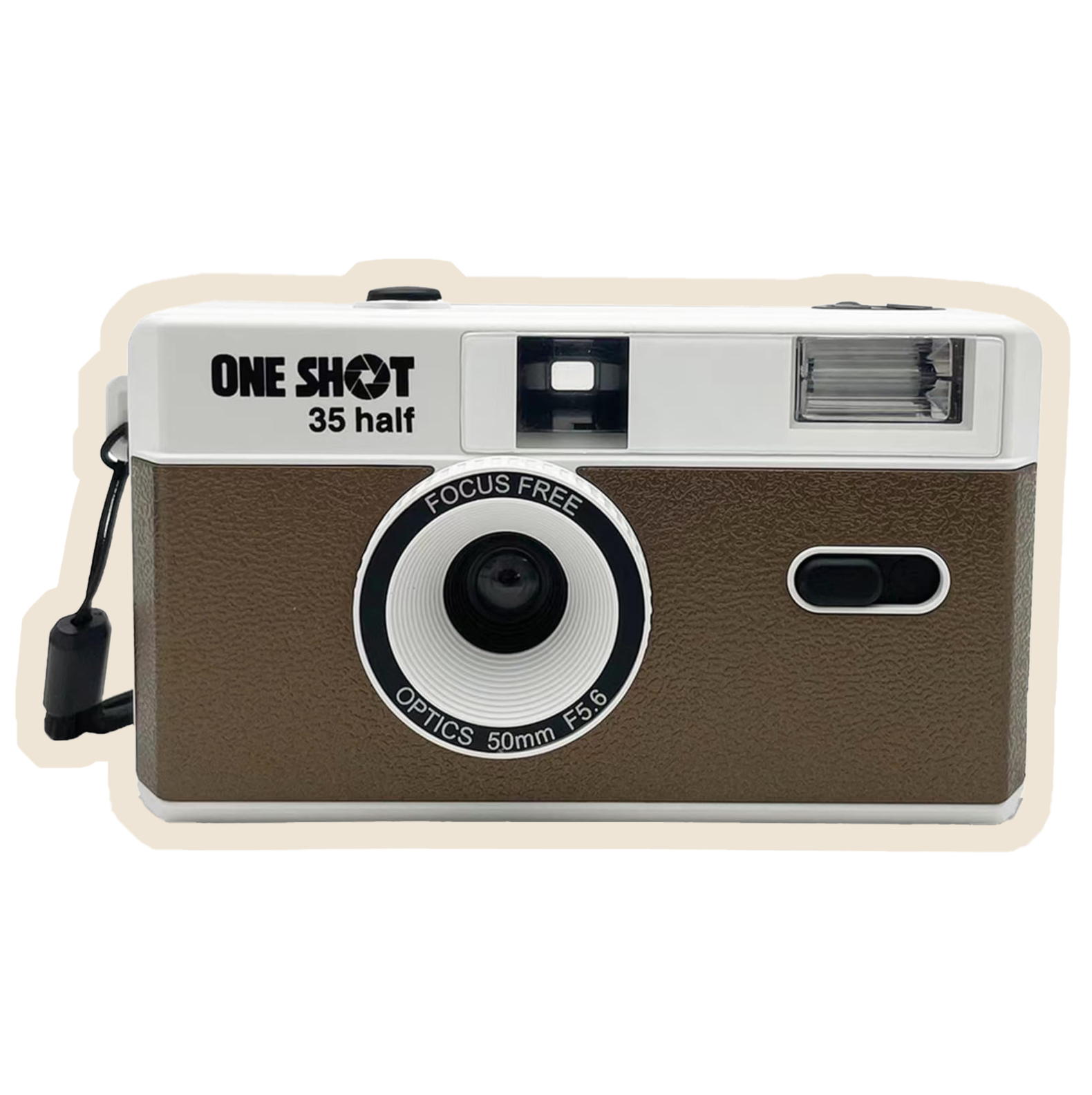 A vintage camera with a white top and brown body, labeled 'ONE SHOT 35 half,' featuring a large lens and a built-in flash.