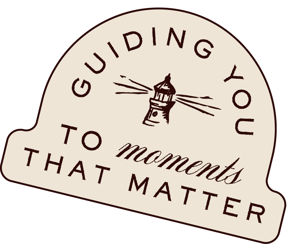 A 'The Lighthouse Photography' logo sticker with a beige background with a lighthouse illustration and text that reads "Guiding You to Moments That Matter."