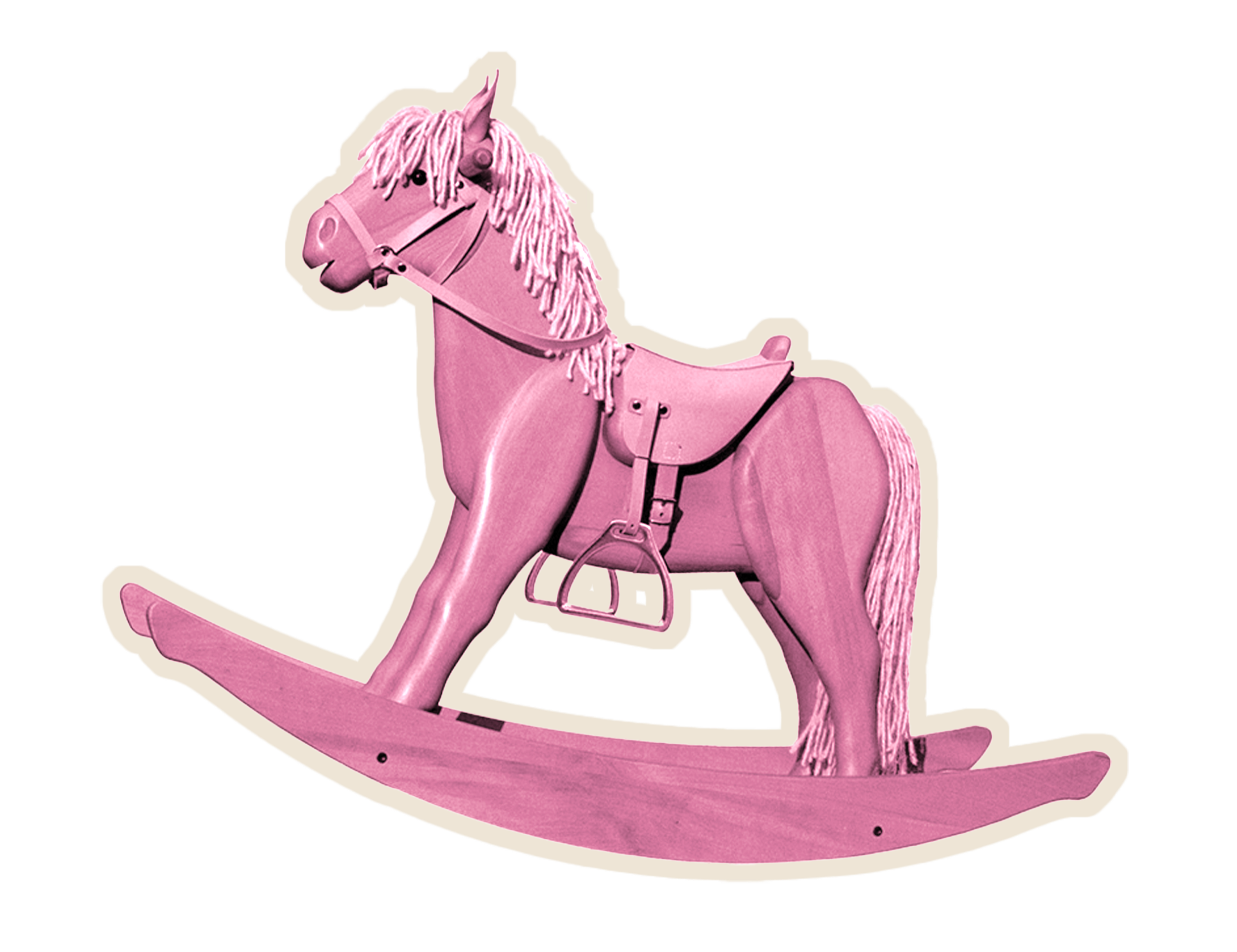 Pink wooden rocking horse with mane, tail, and saddle.