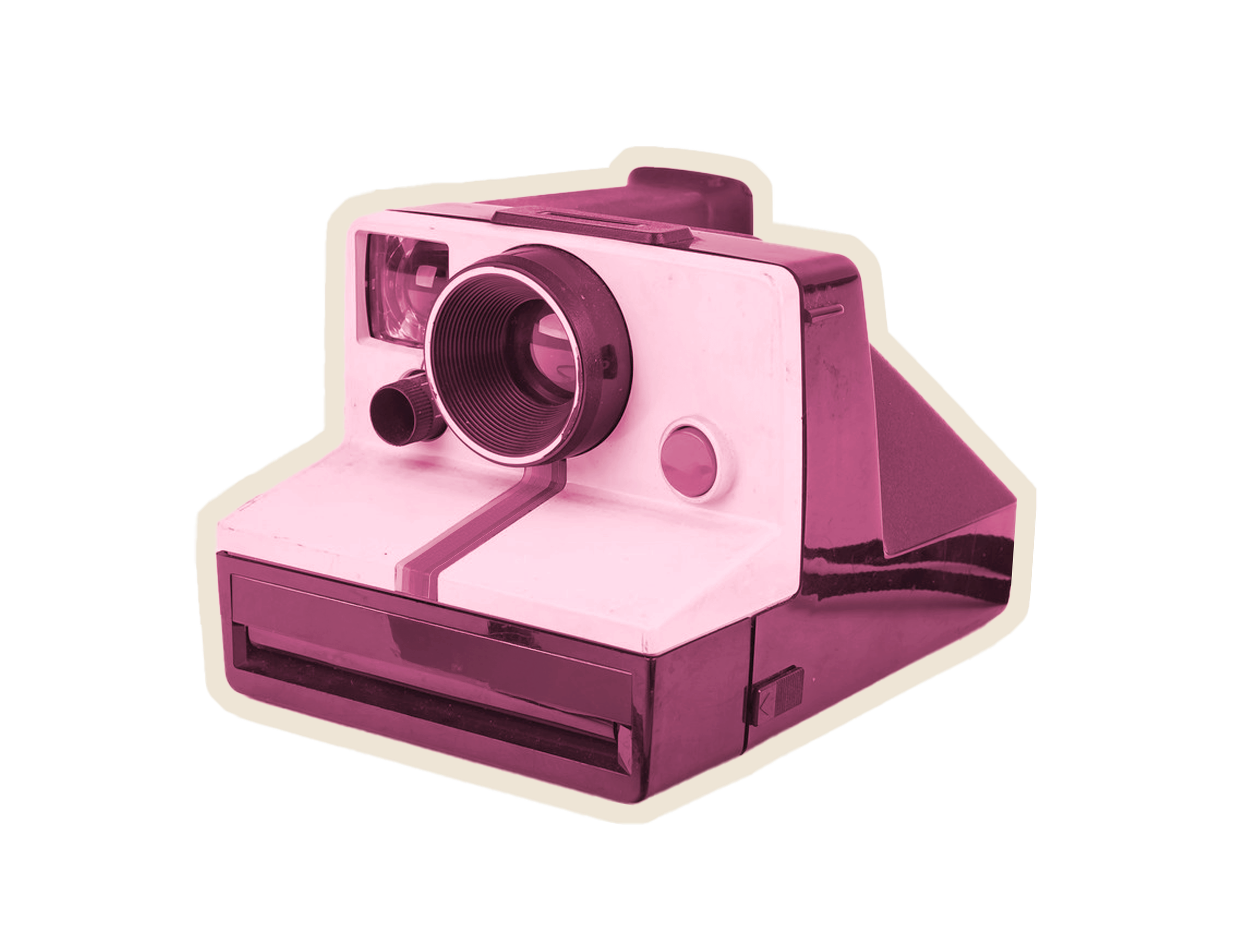 A vintage polaroid camera with pink and white coloring, featuring a large lens, a circular viewing window, and a printing slot at the base.