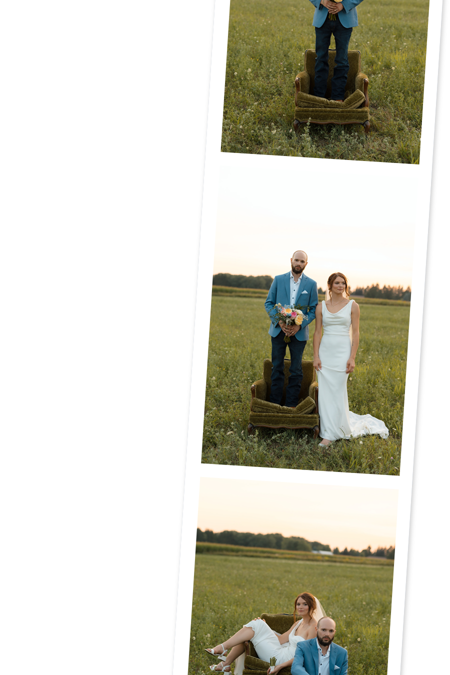 Three photos of a couple in a field, with an old armchair. In the first photo, only the man's legs and the chair are visible. In the second photo, the couple stands next to each other, with the man holding a bouquet of flowers. In the third photo, the woman is sitting on the chair, with the man sitting on the ground nearby, both looking at the camera.