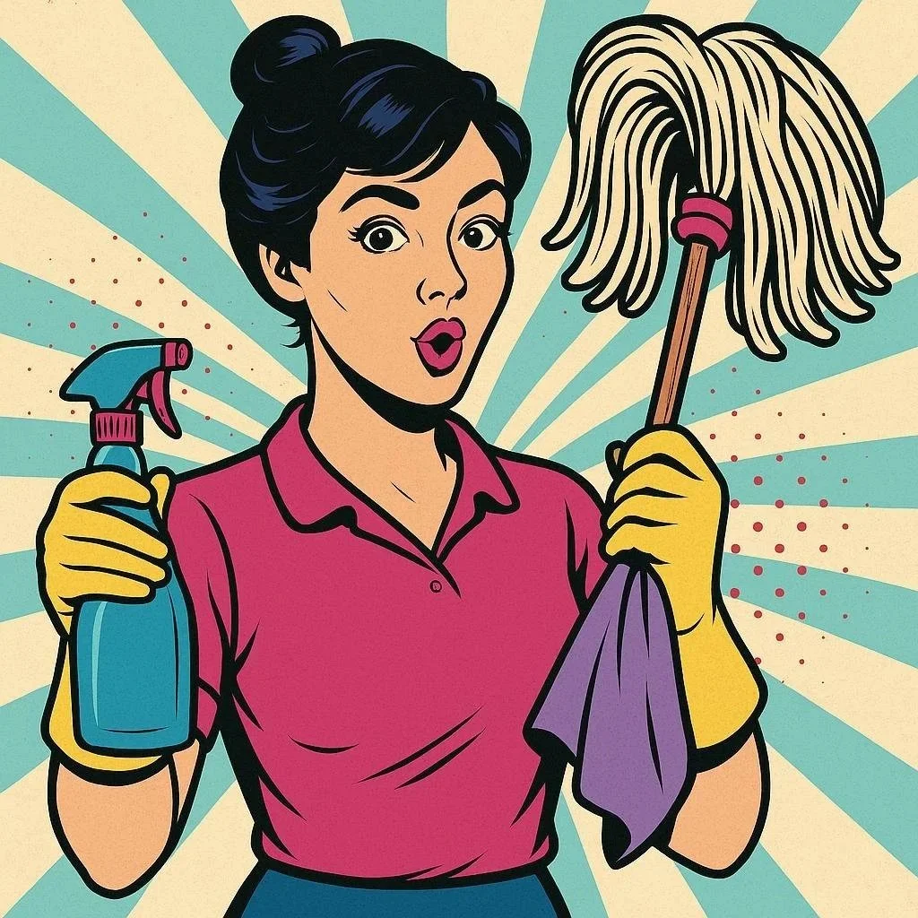 Illustration einer Frau in popart Stil mit schwarzem_Haare und pinkem_Polo, die eine Sprühflasche und einen Wischmopp hält, trägt gelbe Gummihandschuhe, im Hintergrund Sonnenstrahlen Muster.