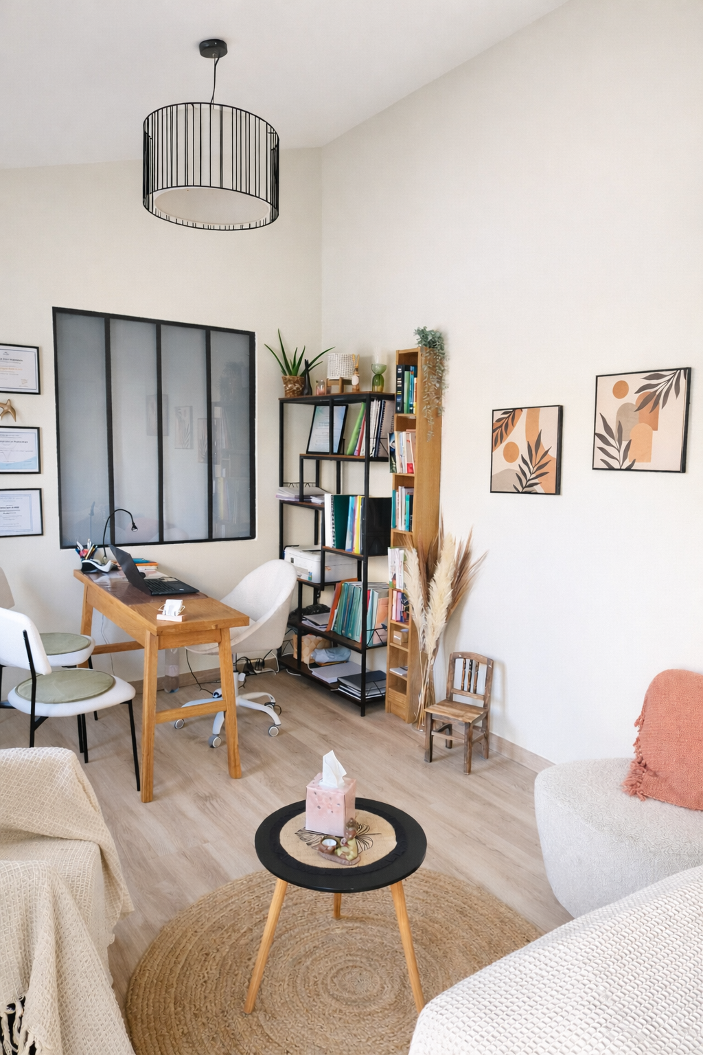 Un bureau à domicile avec une table en bois, chaises, étagères remplies de livres, un ordinateur portable, des décorations végétales, et un mur décoré avec deux tableaux abstraits