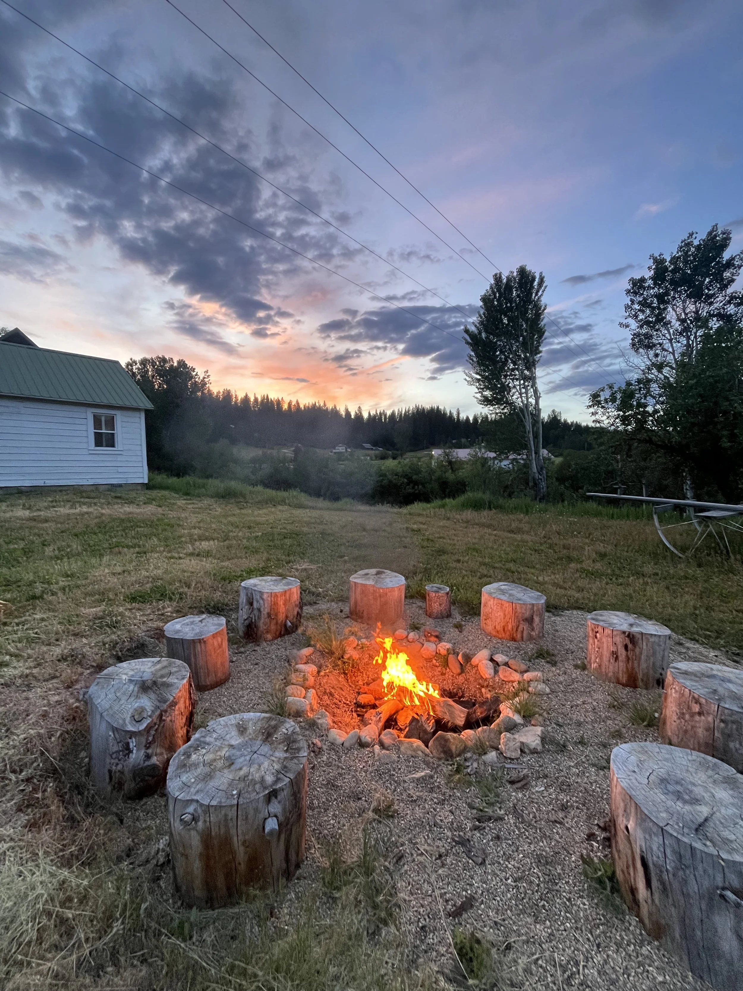 A campfire surrounded by wooden logs in a grassy area during sunset with a house, trees, and power lines in the background.