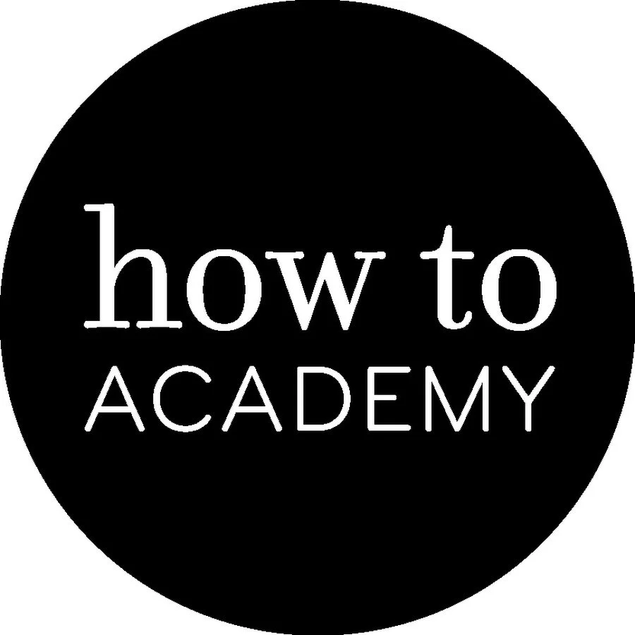 Black circular logo with white text that reads "how to ACADEMY".