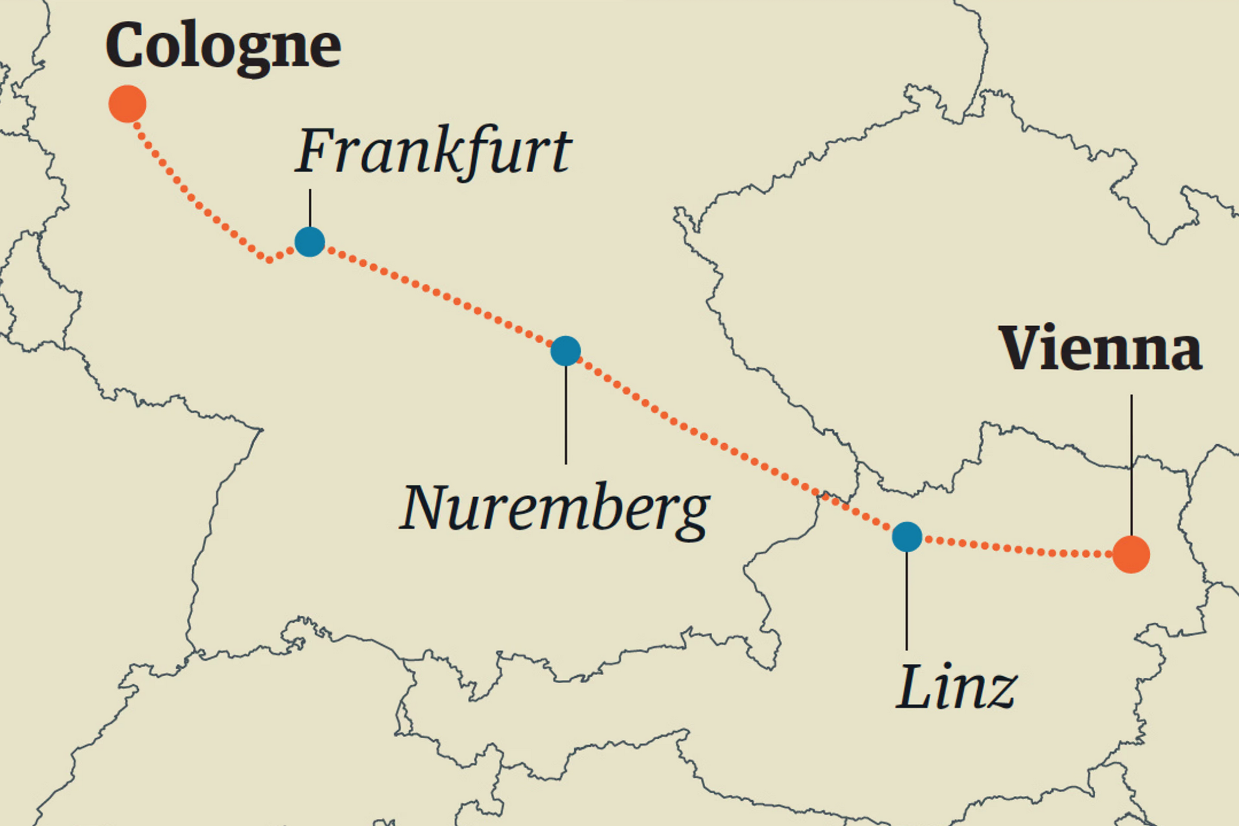 Map of Germany showing a train route from Vienna to Cologne passing through Nuremberg and Frankfurt. A link to a Guardian newspaper travel story by Dan Richards titled 'Dream ticket: the night train from Cologne to Vienna' published in January 2020.