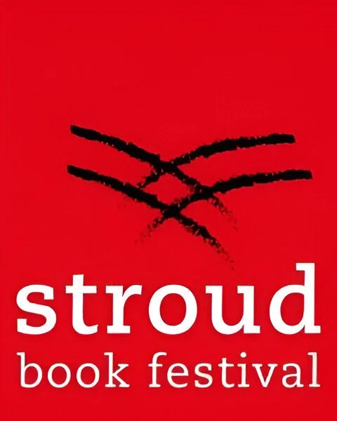 Red poster with black abstract lines and white text that reads 'Stroud Book Festival'.