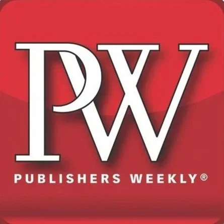 Logo of Publishers Weekly with a red background, featuring large white letters 'PW' and smaller white text 'Publishers Weekly' below.