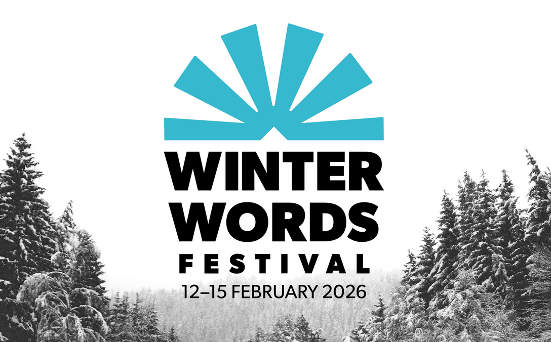 Logo for Winter Words Festival with stylized blue snowflake above the text, set against a black and white snowy forest background, dates February 12-15, 2026.