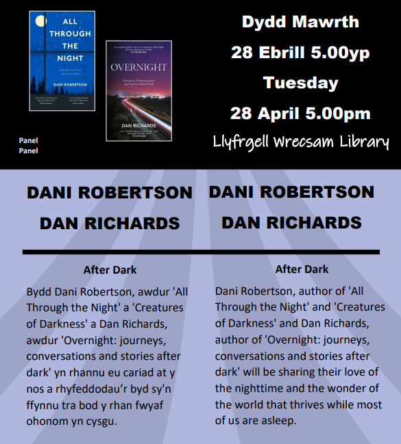A flyer for a book event at Llyfrgell Wrecsam Library featuring authors Dani Robertson and Dan Richards. The event is scheduled for Tuesday, 28 April at 5:00 pm.