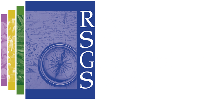 Logo of the Royal Scottish Geographical Society with a compass, map, and colorful vertical bars.