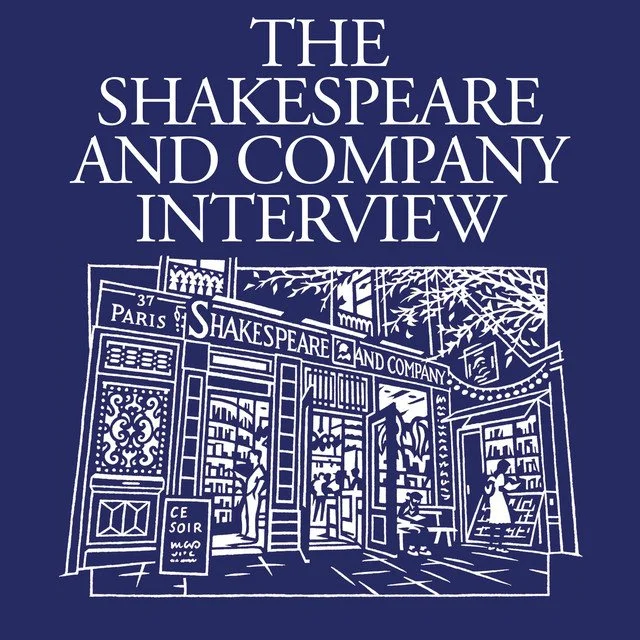 Advert for a podcast titled 'The Shakespeare and Company Interview' featuring an illustration of Shakespeare and Company bookstore in Paris with people browsing inside. The image is advertising an episode featuring British travel writer Dan Richards.
