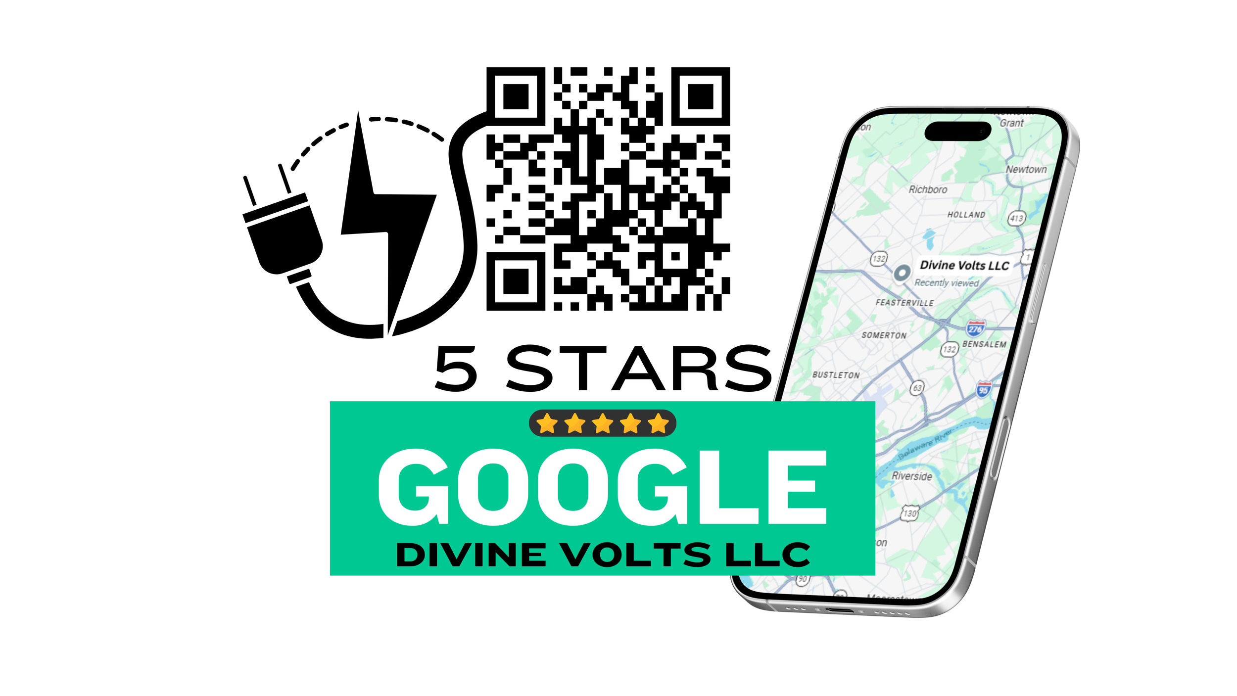 A promotional graphic featuring a QR code, a map on a smartphone screen, and text that reads '5 Stars,' 'Google,' and 'Divine Volts LLC.'