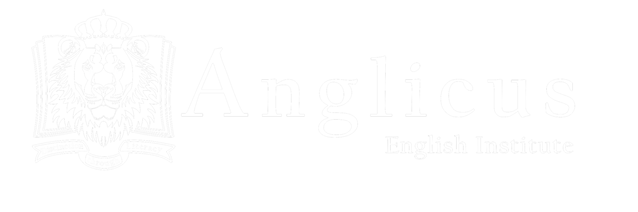 Black background with white logo of a lion's head wearing a crown, and the text 'Anglicus English Institute' with a banner reading 'Distinction Through Literacy'.