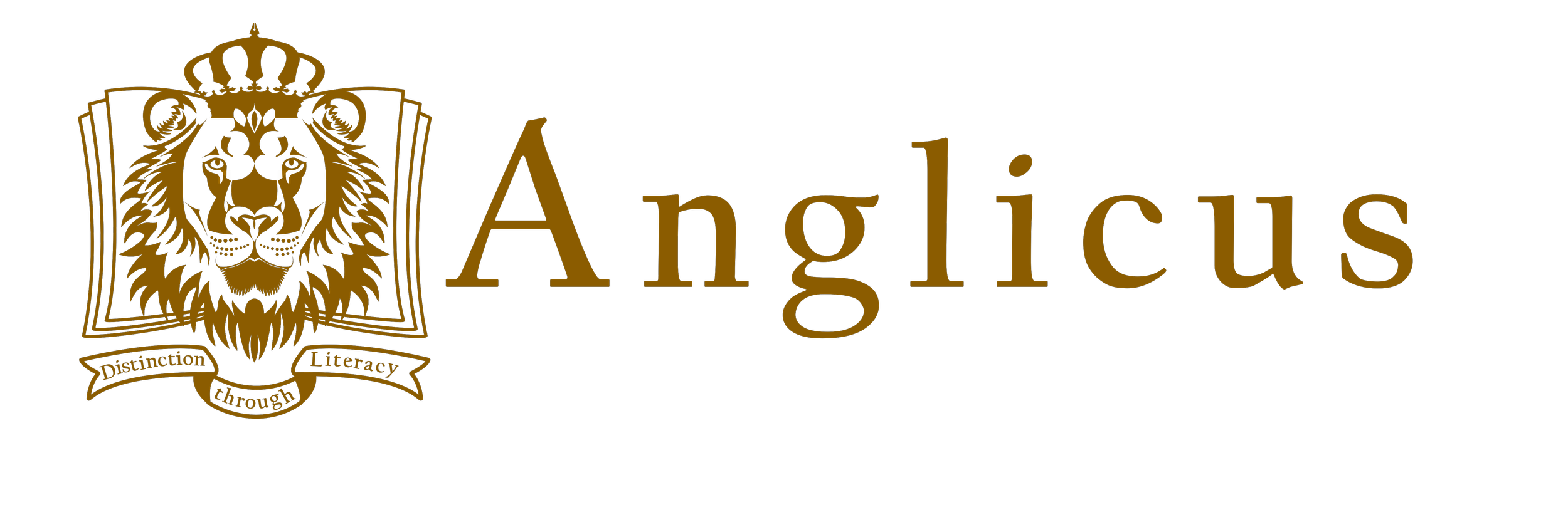 Logo of Anglicus with a lion's head wearing a crown, a banner reading 'Distinction Through Literacy' and the word 'Anglicus' in gold on a black background.