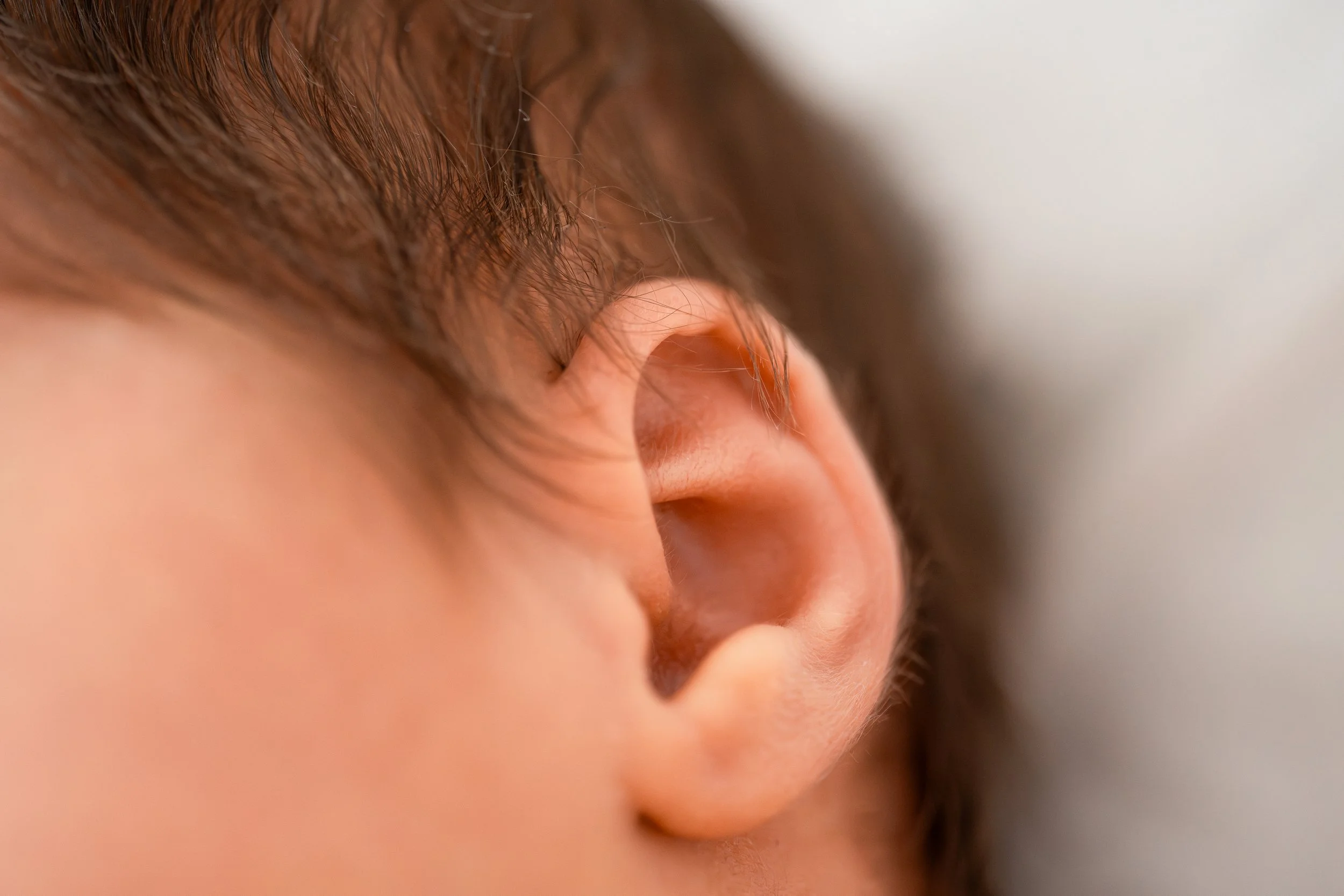 Nahaufnahme eines menschlichen Ohrs und umgebender Haut und Haare