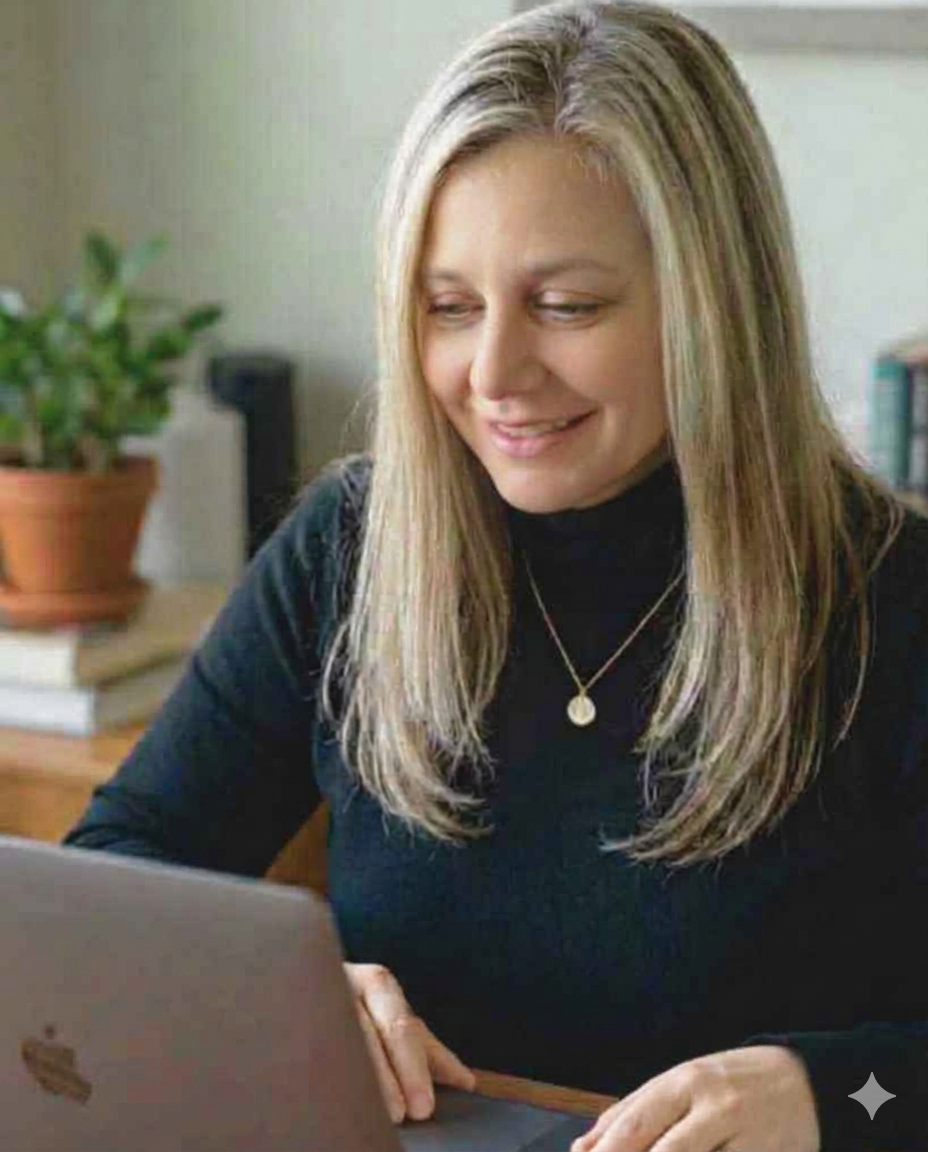 brightvise woman sitting at desk with macbook talking to group online call