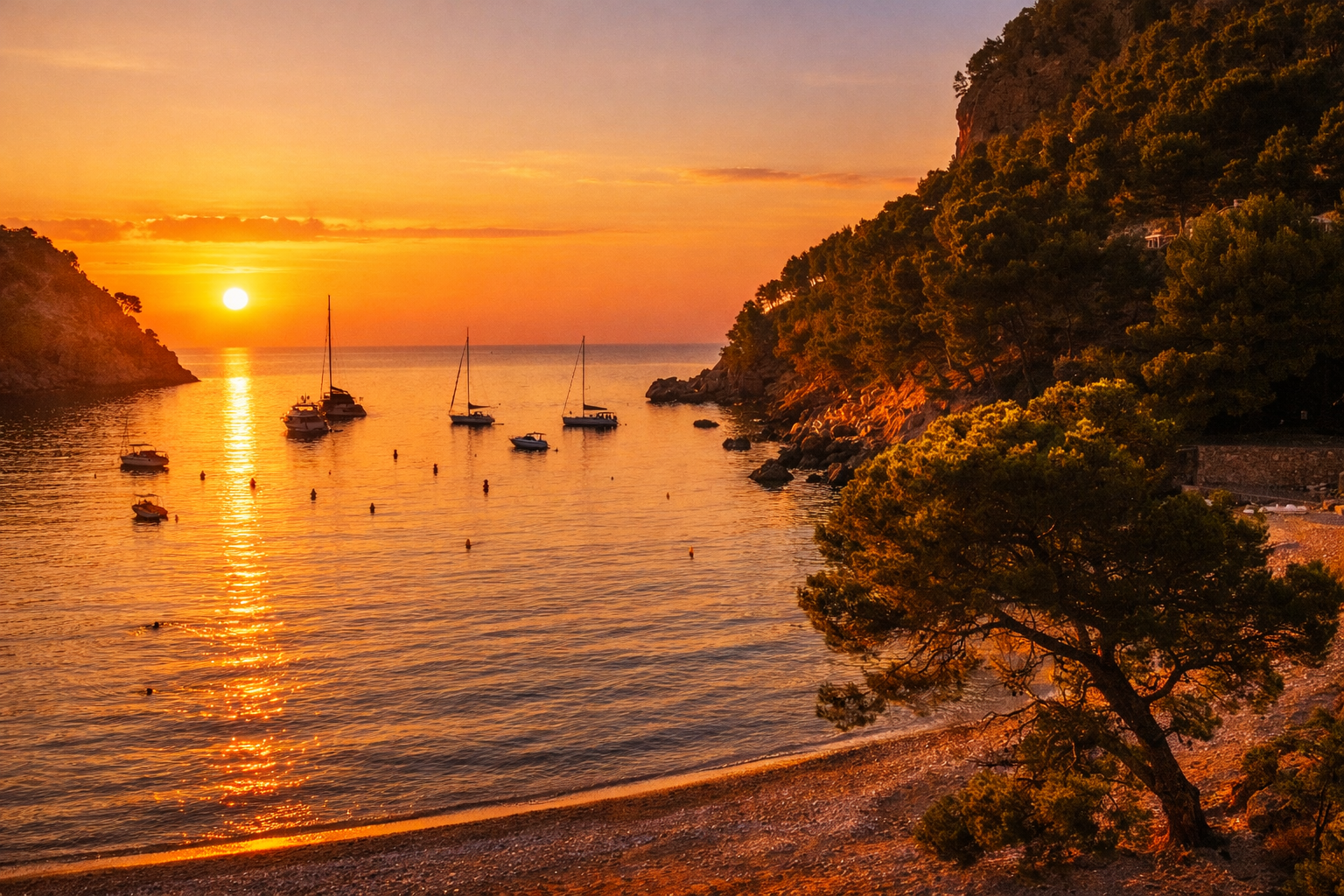 Sunset over a calm bay with boats anchored, surrounded by rocky hills covered in trees, and a sandy beach in the foreground.