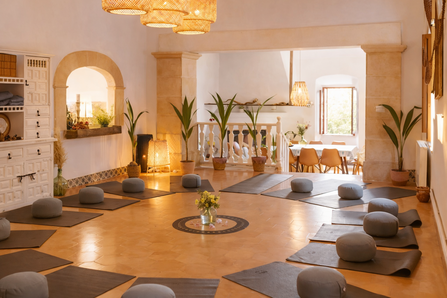 Yoga class setup with mats and round cushions in a bright, cozy room decorated with plants, lamps, and warm lighting