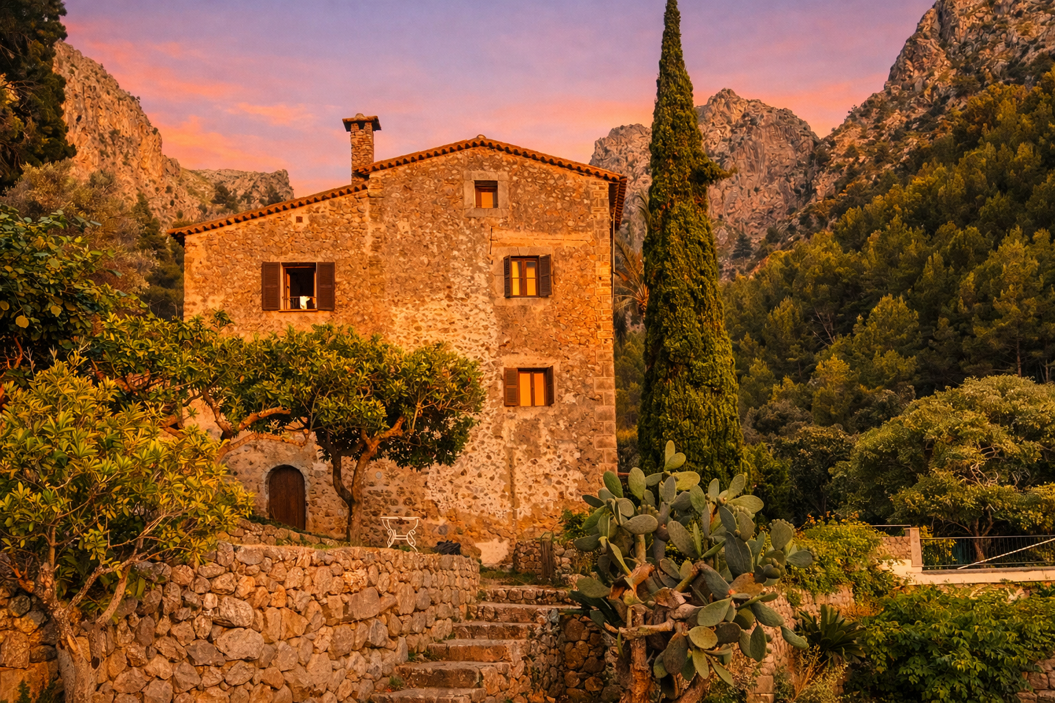 A rustic stone house with shuttered windows surrounded by trees, cacti, and mountain scenery at sunset.