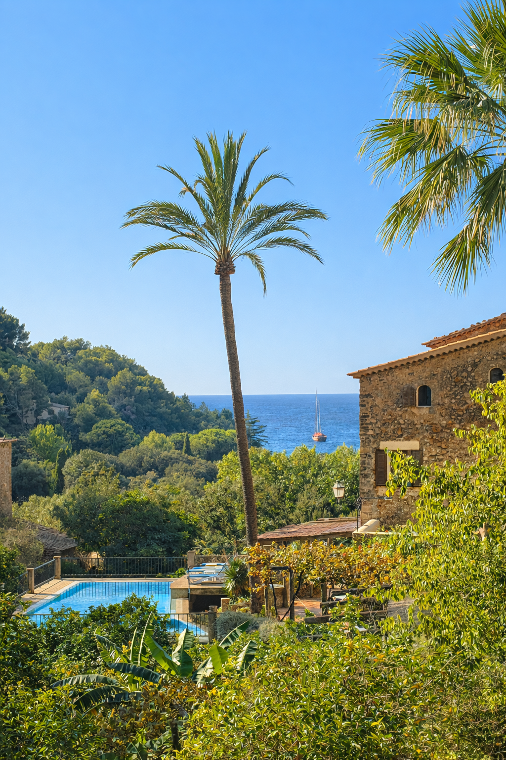 A tropical coastal scene featuring a tall palm tree, lush green foliage, a stone house with shuttered windows, a swimming pool, and a sailboat on the ocean in the background under a clear blue sky.