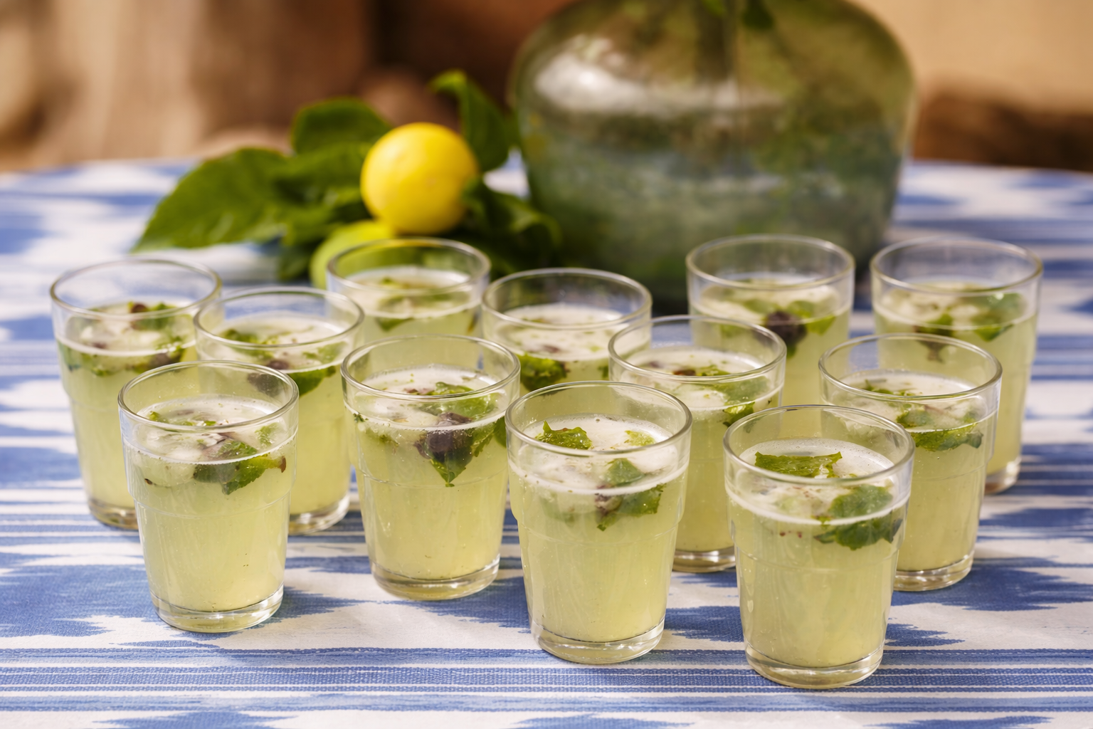 Multiple glasses filled with a light green beverage containing mint leaves and ice, placed on a blue and white striped table cloth, with a clear glass bottle and a lemon with leaves in the background.