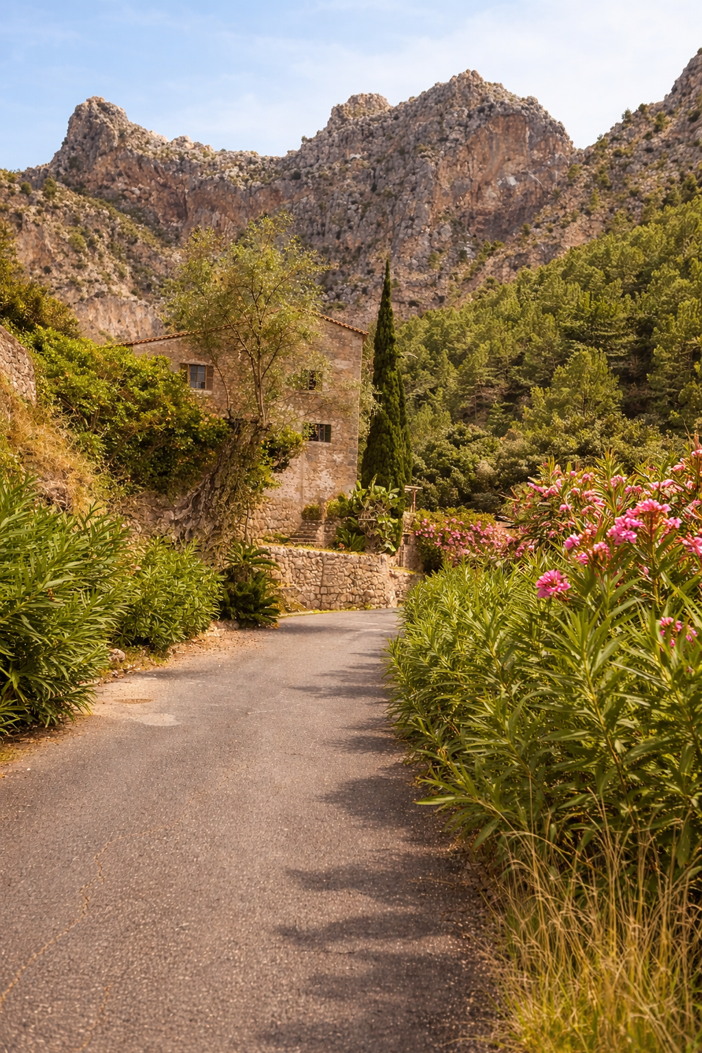 A narrow paved path winding through lush greenery and flowering shrubs with a rustic stone house and tall cypress trees against a mountainous backdrop.